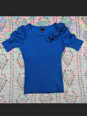 new directions Royal Blue Short Sleeve Knit Top with Shoulder Rosettes